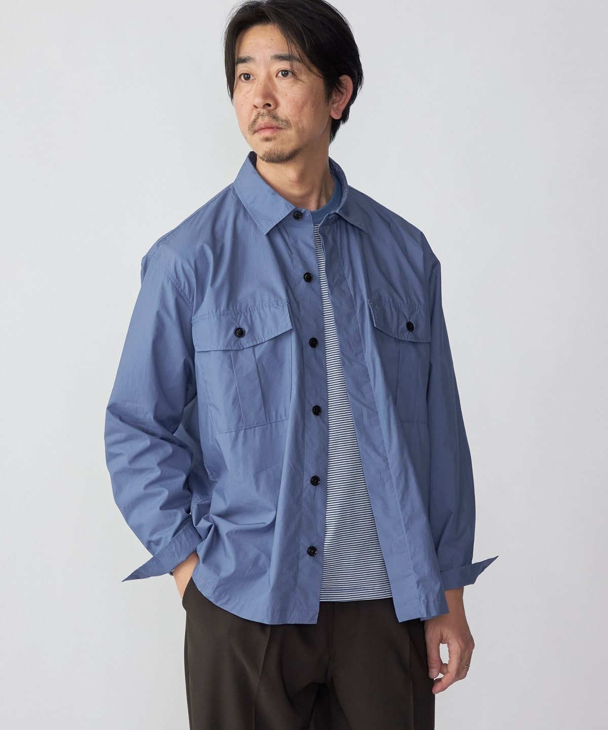 SHIPS: ミリタリー タイプライター レギュラーカラー シャツジャケット ブルー