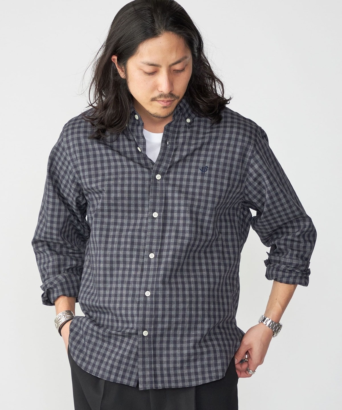 SHIPS: MADE IN JAPAN ワンポイント ロゴ ギンガムチェック ボタン 