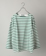 【WEB限定】SHIPS: ワンサイズフィット ビッグシルエット ワンポイント ロゴ ボーダー バスクシャツ (ロンT) グリーン