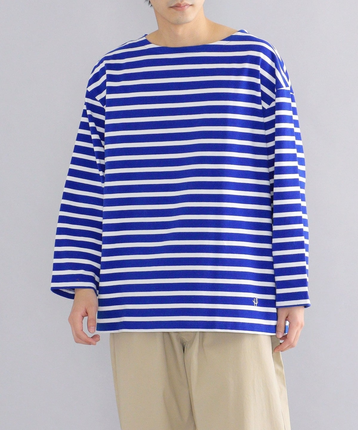 【WEB限定】SHIPS: ワンサイズフィット ビッグシルエット ワンポイント ロゴ ボーダー バスクシャツ (ロンT) ホワイト