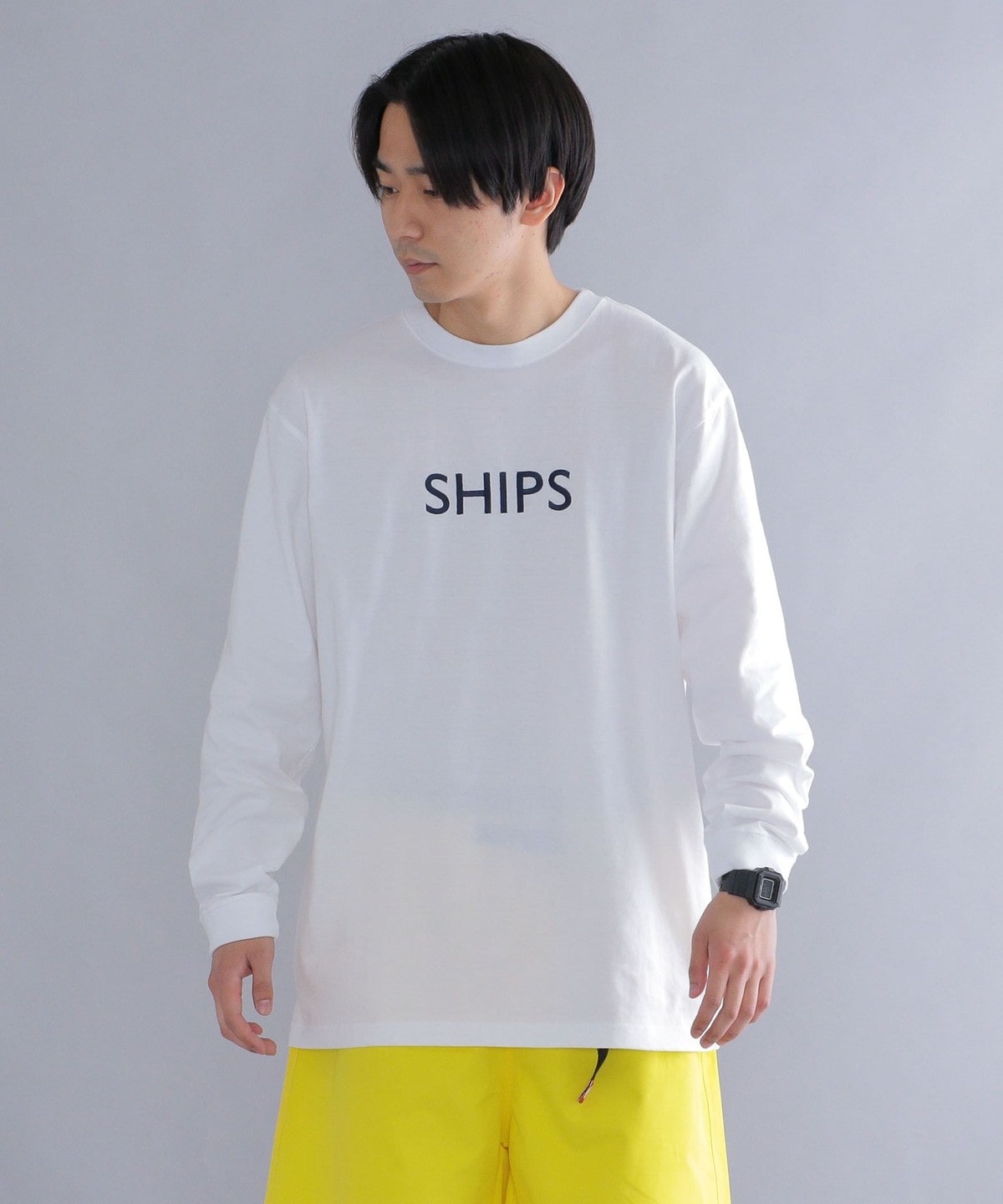 SHIPS: 刺繍 SHIPS ロゴ ユニセックス ロングスリーブ Tシャツ (ロンT