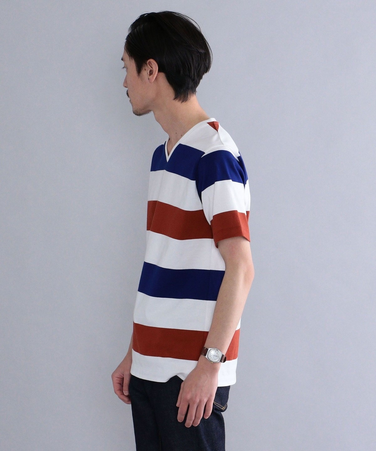 SHIPS: japan quality ワイドボーダー Vネック Tシャツ: Tシャツ 