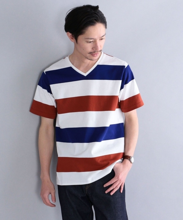 SHIPS: japan quality ワイドボーダー Vネック Tシャツ: Tシャツ