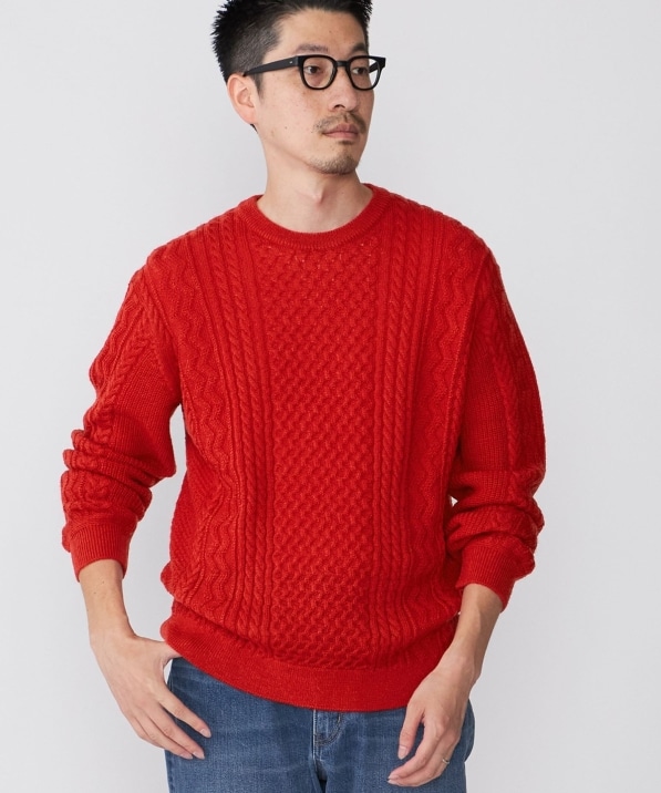 【ウール切替長袖セーター】 赤色 クルーネック オーバーシルエット 毛100%