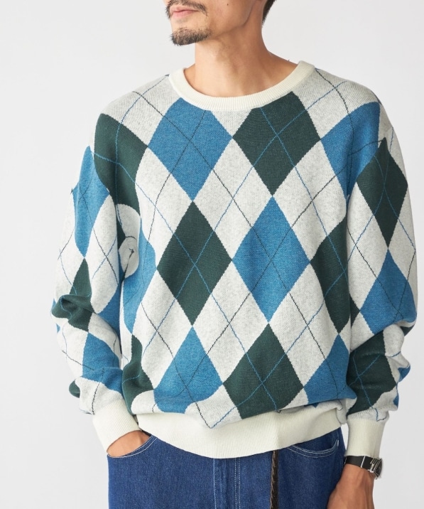 SHIPSイタリー ヤーン アーガイル クルーネック ニットプルオーバーXL シップス（SHIPS）⁄SHIPS: 12ゲージ アーガイル クルーネック ニット