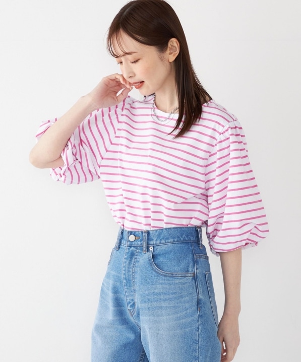 SHIPS Colors:〈洗濯機可能〉カラー ボーダー ギャザー スリーブ プル