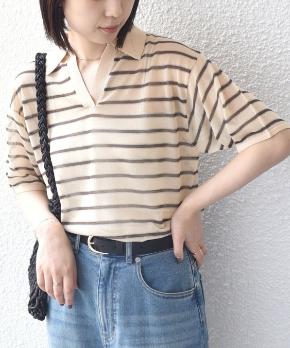 SHIPS Colors:〈手洗い可能〉シアー ボーダー スキッパー ニット