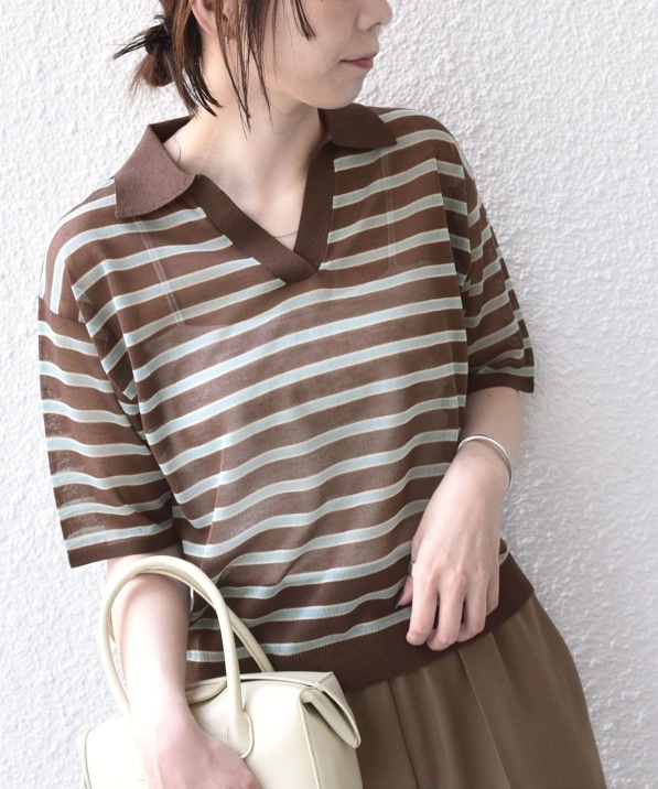 予約》SHIPS Colors:〈手洗い可能〉シアー ボーダー スキッパー ニット