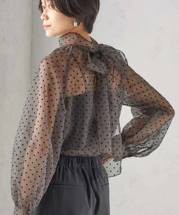◯美品　新品　Tabrik タブリク　オーガンジー　ボレロ　ブラウス 手洗い可能〉オーガンジー フロッキー ドット リボン ブラウス｜ SHIPS