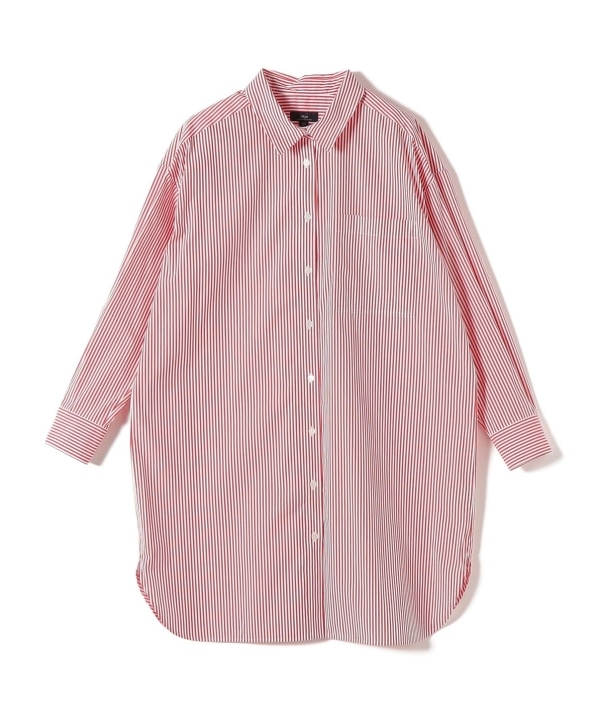 SHIPS Primary Navy Label:綿 ナイロン ストライプ ロング シャツ 
