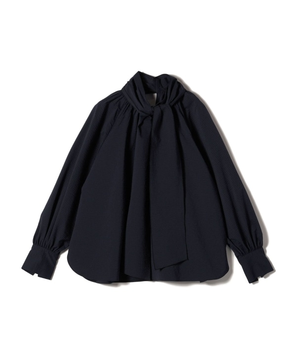 SHIPS Primary Navy Label:ストレッチ ギンガム ボウタイ ブラウス 