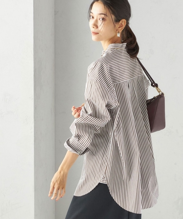 手洗い可能〉ストライプ フロント ヨーク スタンドカラー シャツ