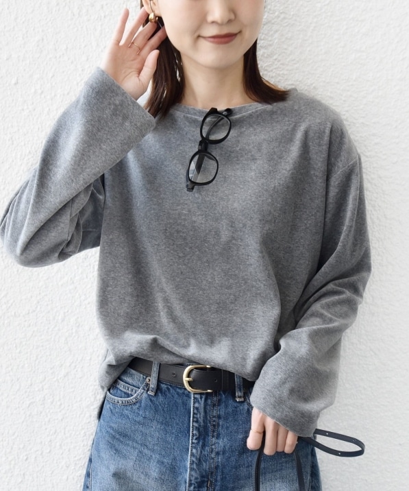 手洗い可能〉コットン ベロア ボートネック ロング スリーブ プル