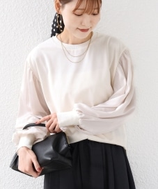 洗濯機可能〉袖 サテン ギャザー スリーブ ニット リブ コンビ プル