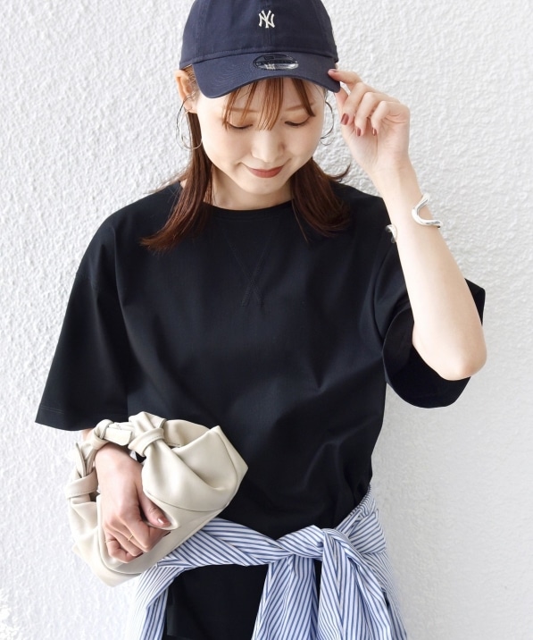 極美品✨プリーツプリーズ　半袖カットソー　黒　キャップスリーブ　型押し　サイズ3 接触冷感/UVカット〉ガゼット デザイン ワイド スリーブ TEE｜ SHIPS