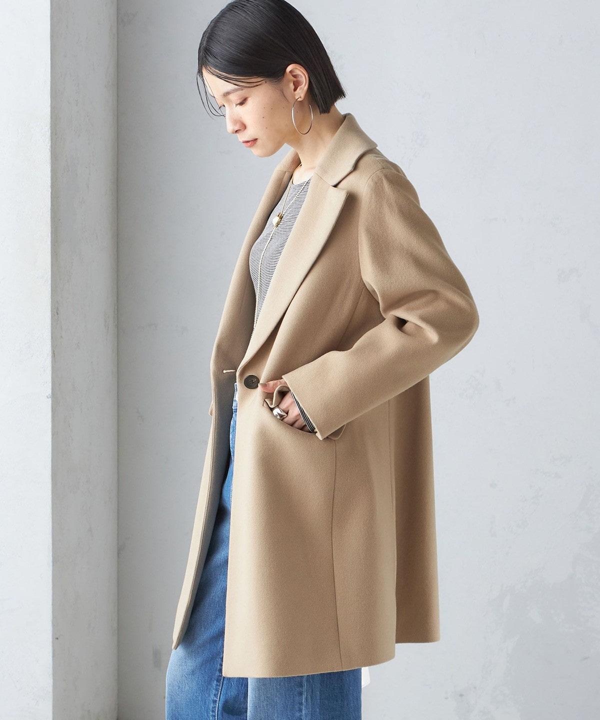 美品 シップス SHIPS ノーカラーチェスターコート 18AW メンズ S  