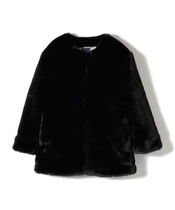 SHIPS Primary Navy Label:フェイク ファー ノーカラー ハーフ コート
