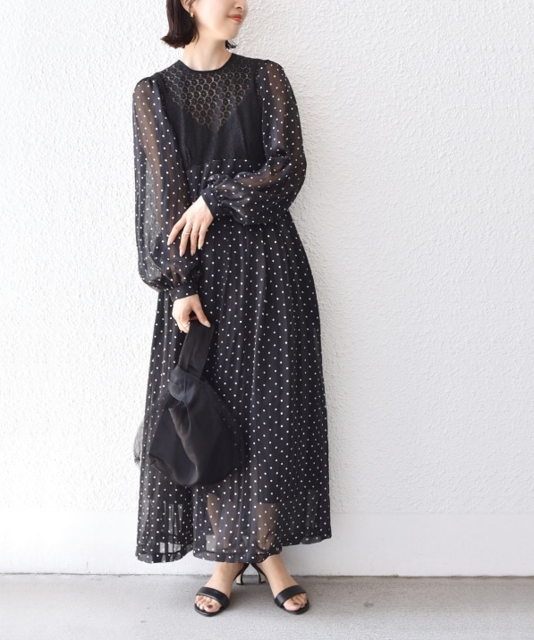 【SHIPS little black】シップス　レース　ロングワンピース