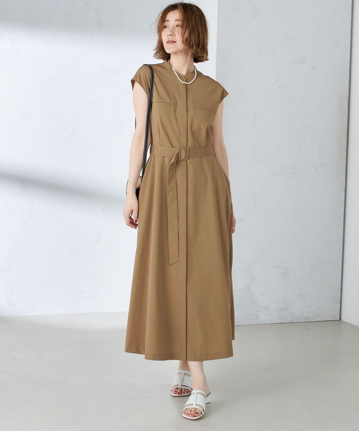 手洗い可能〉強撚 ストレッチ ポプリン ウエスト ベルト ワンピース  