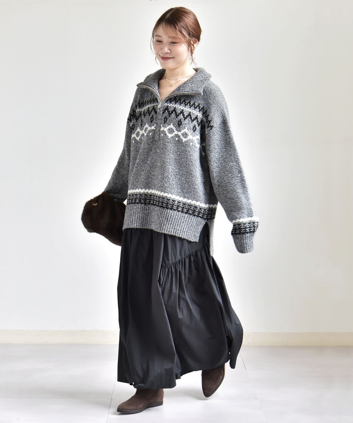 【新品】半額 BEAUTY&YOUTH ジップアップ ニット ブラック L 予約》【WEB限定】〈手洗い可能〉配色 フェアアイル ハーフ ジップ