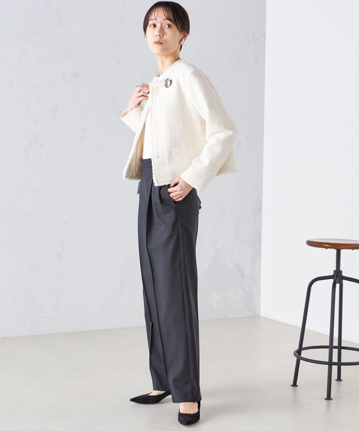 セレモニー対応可〉スラブ ツイード ノーカラー ジャケット 24SS  