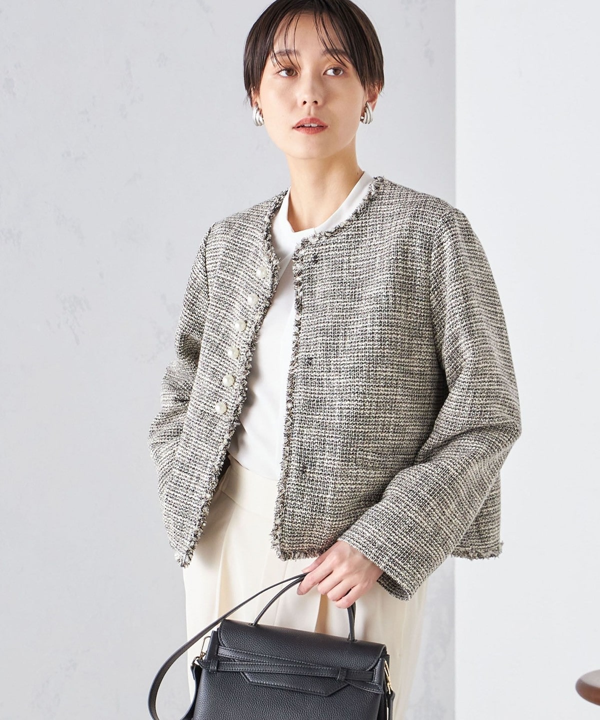 SHIPS スラブツイード ノーカラージャケット パールボタン