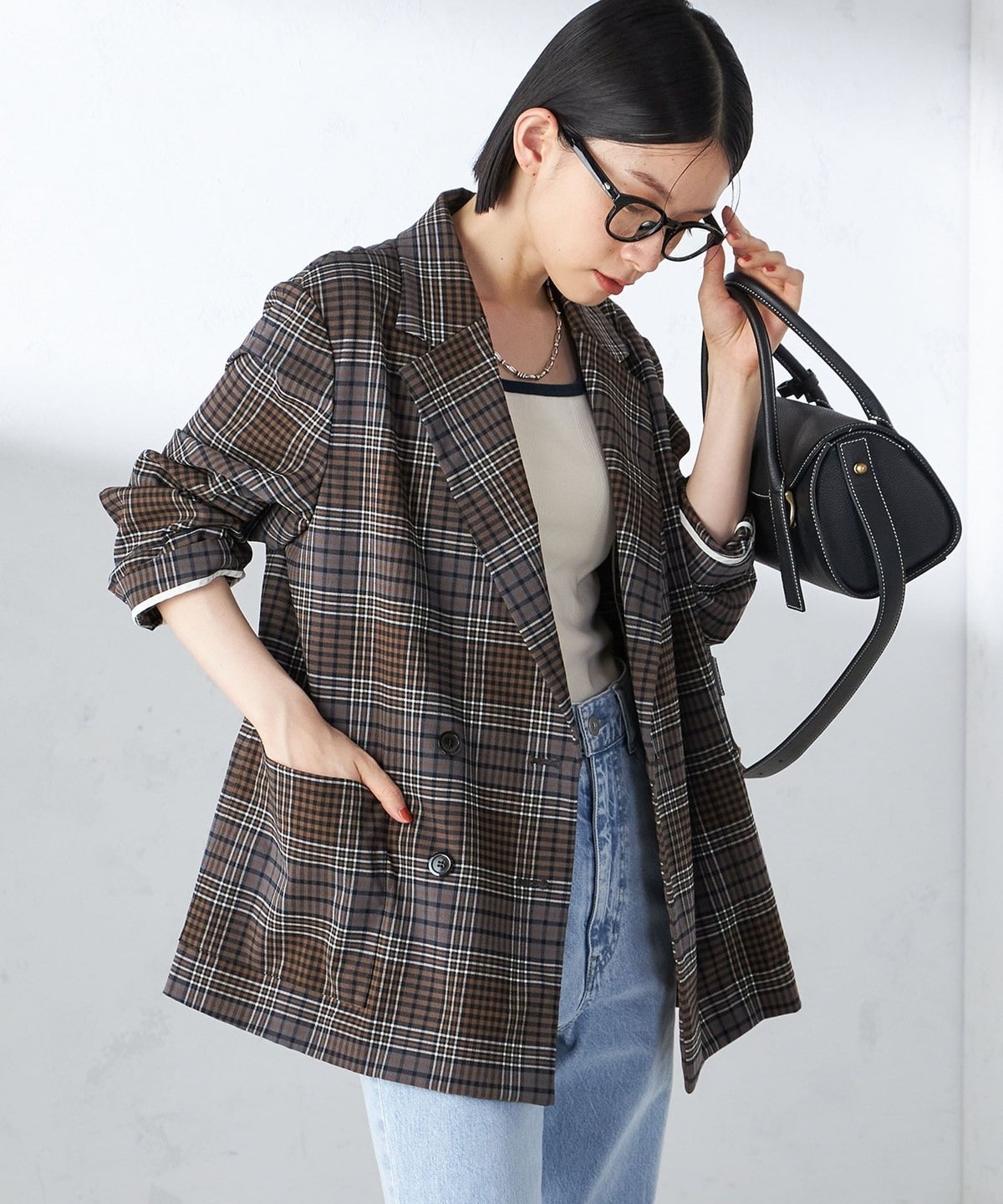 手洗い可能〉ウール混 チェック ダブルボタン ジャケット: アウター  