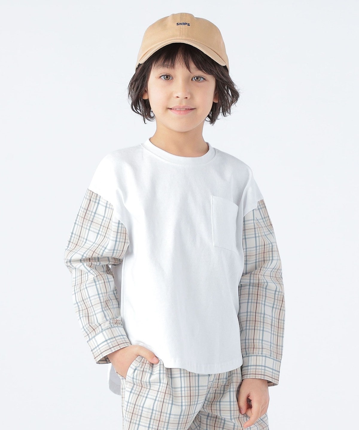 SHIPS KIDS:100〜130cm / チェックシャツ コンビ カットソー ホワイト
