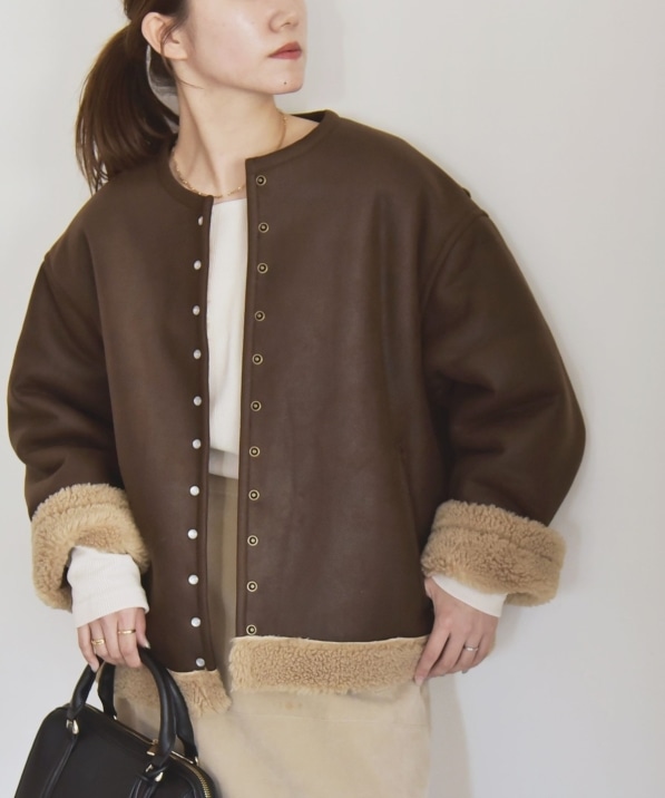 quaranciel: ムートンライク ボア ボンディング ノーカラー スナップ