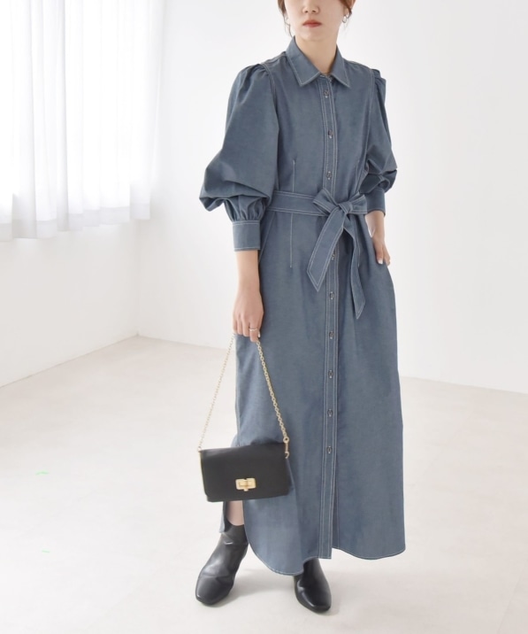 quaranciel:〈洗濯機可能〉シャンブレー パフ ロング シャツ