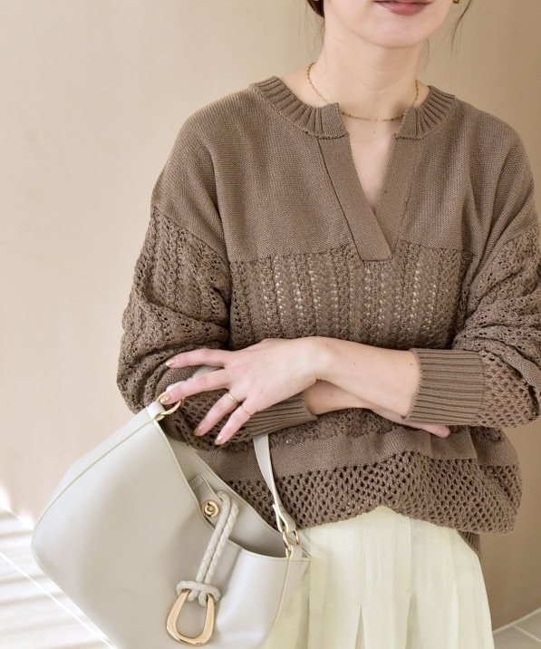 quaranciel:〈手洗い可能〉透かし編み スキッパー ニット プルオーバー