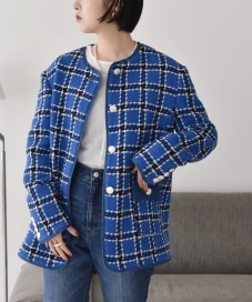 quaranciel: ブルー ツイード ノーカラー ジャケット