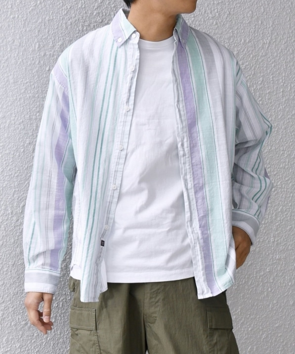 SHIPS any: BEZ TEXTILE マルチカラー ストライプ / ソリッド ボタン
