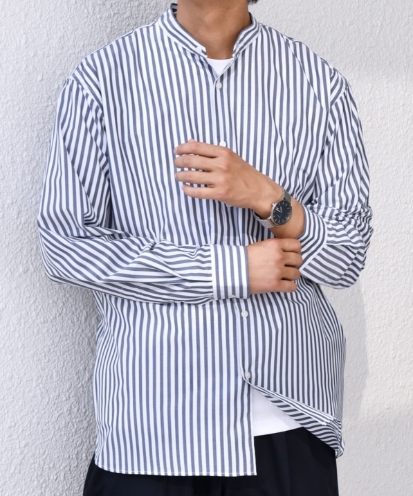 2025MHL グリーンストライプシャツ ノーカラーシャツ バンドカラーシャツ リーバイス バンドカラー ノーカラー ストライプシャツ 古着屋