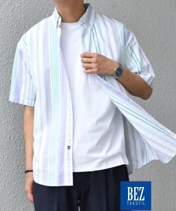 SHIPS any: BEZ TEXTILE �}���`�J���[ �X�g���C�v/�\���b�h �{�^���_�E�� �V���[�g�X���[�u �V���c��