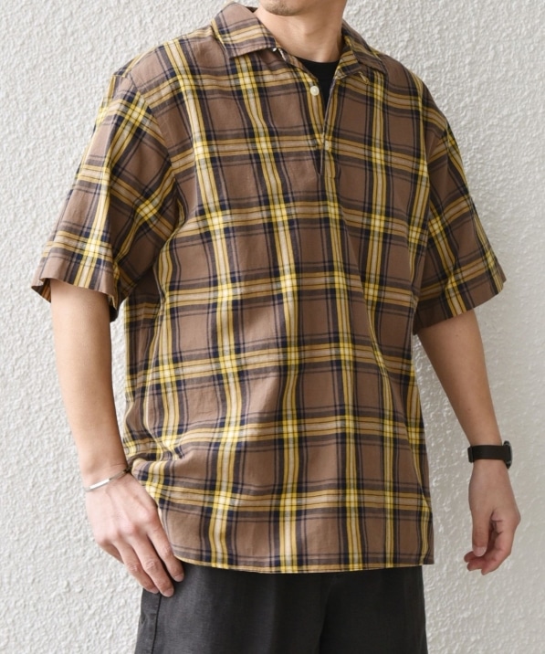 美品！ENDS and MEANS リネンプルオーバー シャツ L チェック柄 SHIPS any:〈洗濯機可能〉コットン/リネン チェック オープンカラー