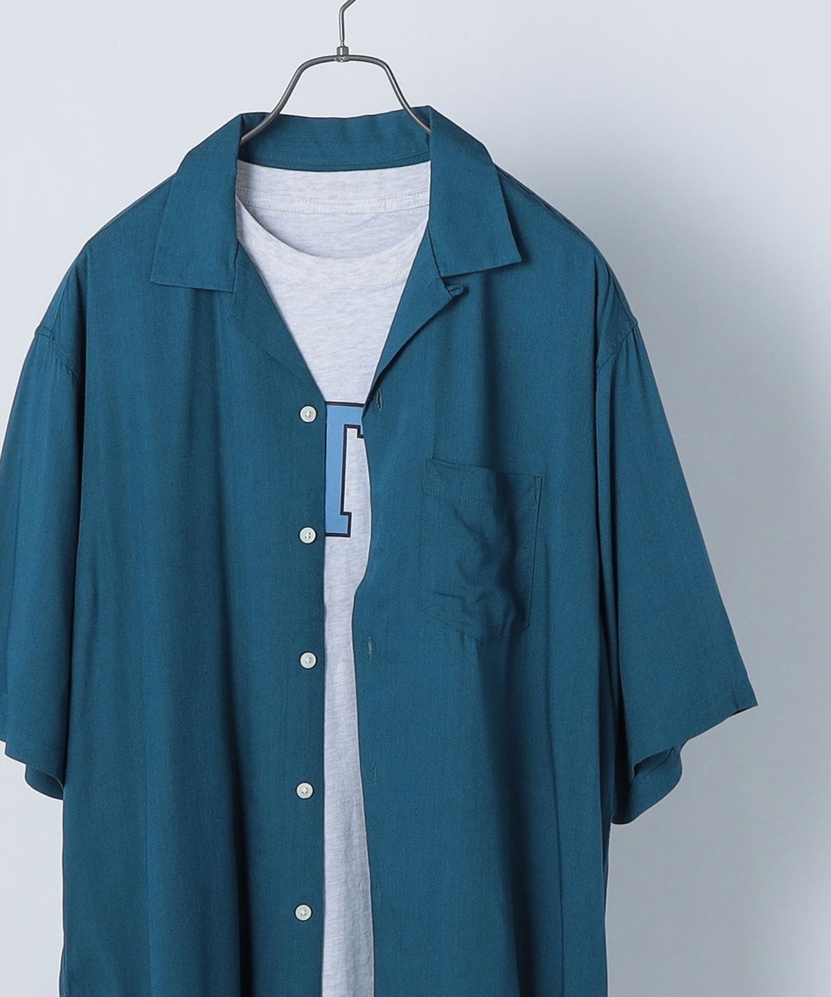 SHIPS any: 【ウォッシャブル】レーヨン 無地 オープンカラー 半袖シャツ ブルー