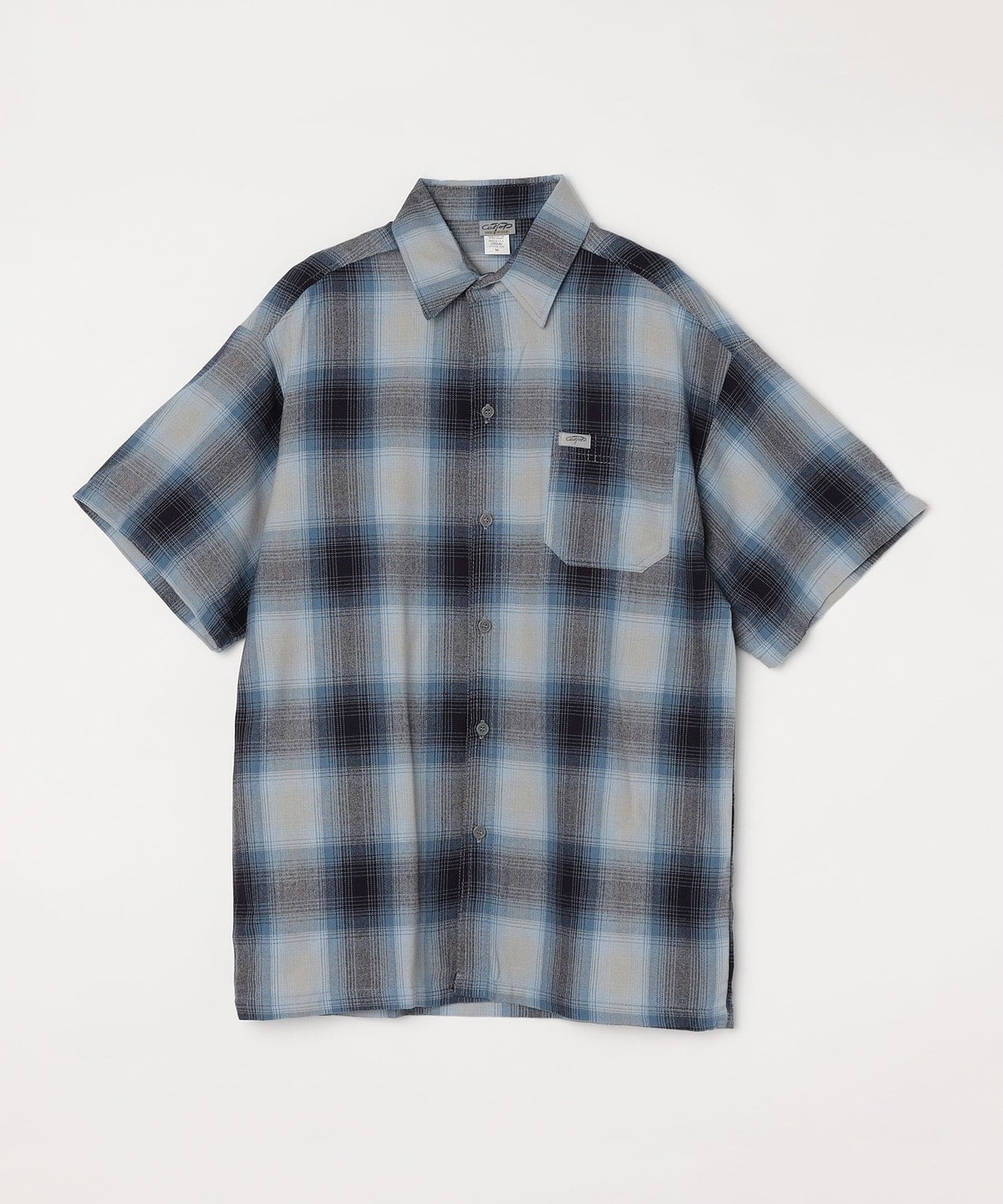 Cal Top: オンブレ チェック 半袖 レギュラーカラー シャツ ブルー