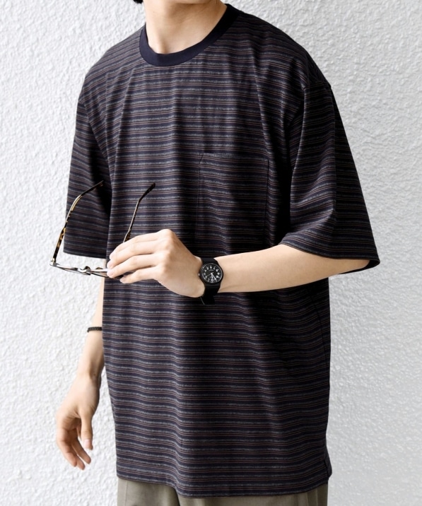 chayatsupi ブラック&カーキ ヤンガニーボーダープルオーバー SHIPS any:〈接触冷感〉マルチ ボーダー ポケット Tシャツ◇｜ SHIPS