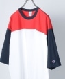 【SHIPS any別注】Champion: COTTON USA オーバーサイズ フットボール 五分袖 Tシャツ ネイビー