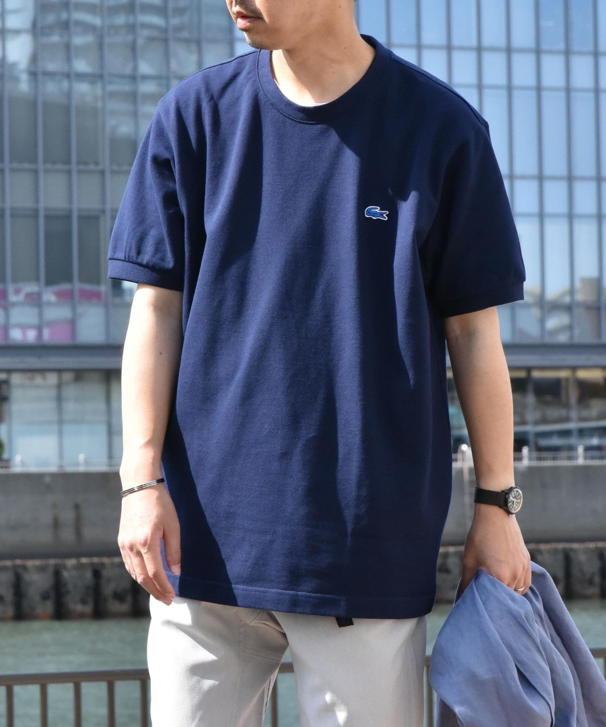 SHIPS any別注】LACOSTE: ワンポイント ロゴ ピケ クルーネック T