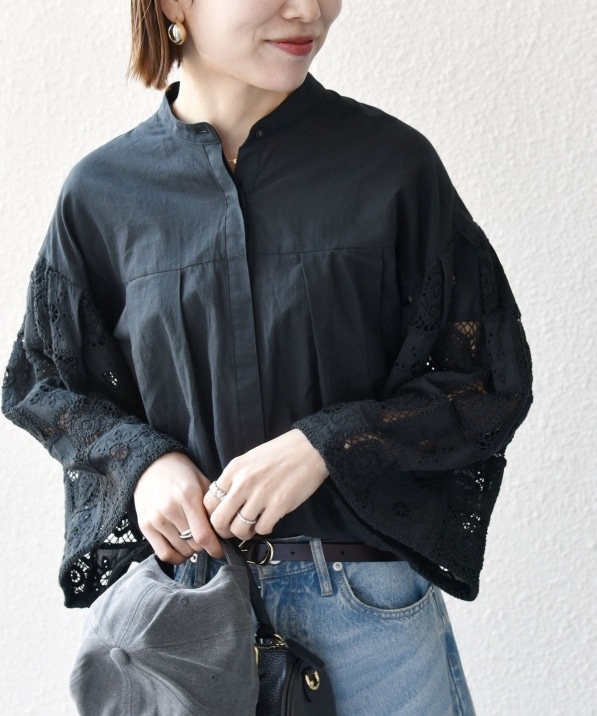 SHIPS any:〈手洗い可能〉パッチワーク レース スリーブ バンドカラー