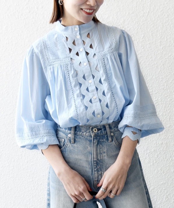 予約》SHIPS any:〈洗濯機可能〉キャンブリック スタンドカラー レース