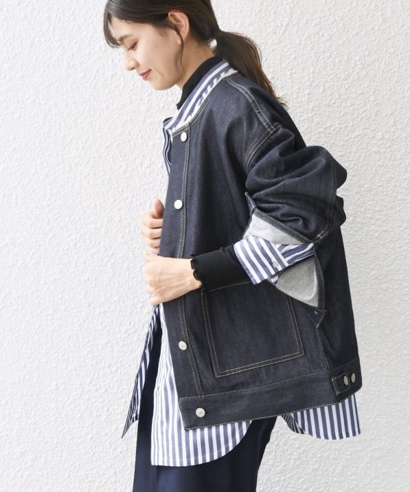 一部予約》SHIPS any: ノーカラー デニム ブルゾン［SHIPS any DENIM