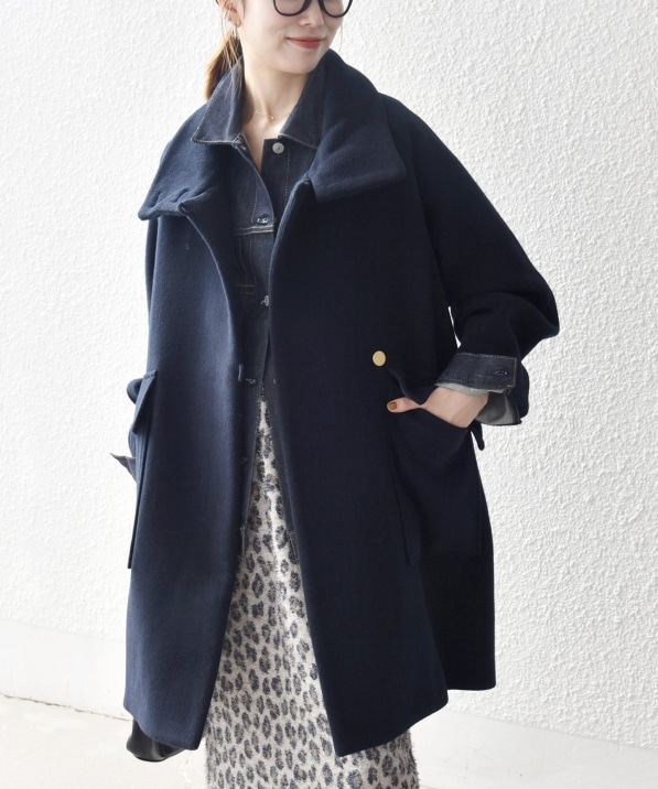 左右 非 対称 柄 のカシミヤのミドルコート 予約》SHIPS any: カシミヤ ミックス スタンドカラー ミドル