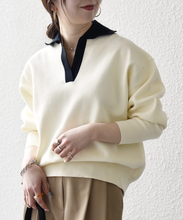 予約》SHIPS any:〈手洗い可能〉バイカラー スキッパー ニット プル