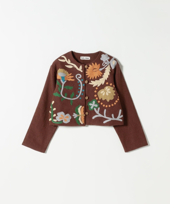 45rpm　ノーカラー　ジャケット　カーキ×茶　新品　未使用　刺繍　レース　タグ bon_meur:〈洗濯機可能〉フラワー 刺繍 ノーカラー ジャケット｜ SHIPS